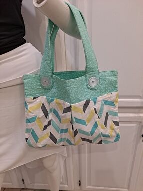 Artisan Crafted Mint, White, Gray, and Teal Chevron Pleated Mini Tote W/buttons